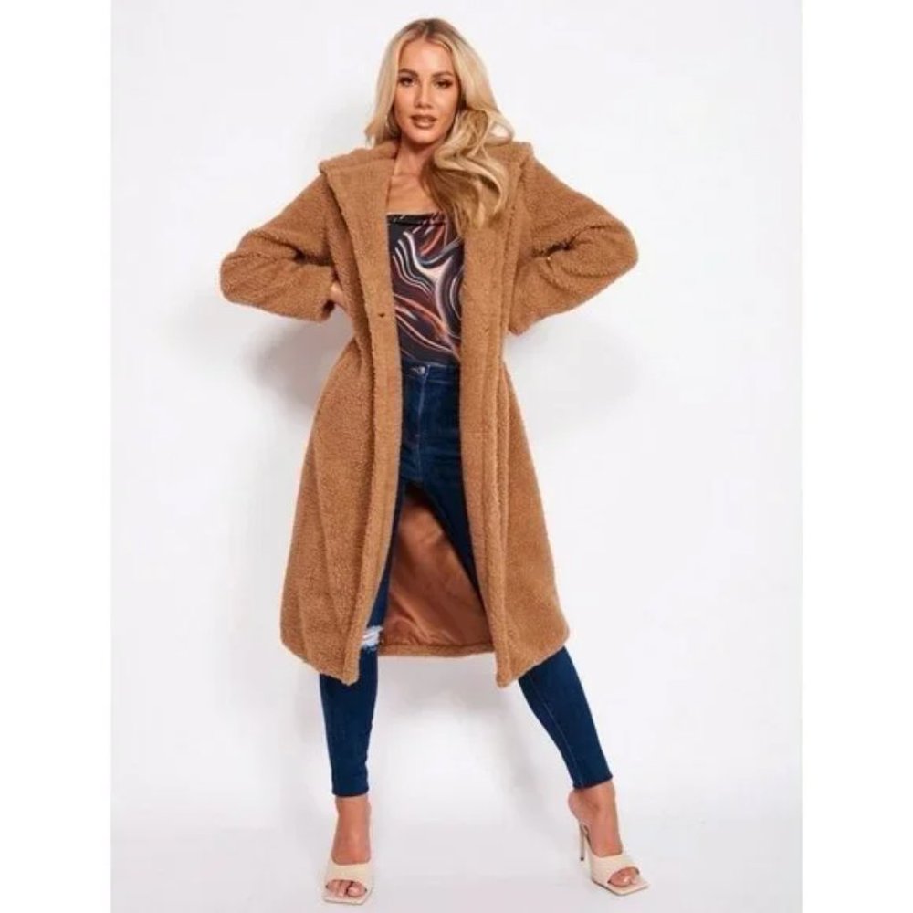 Brown Long Sleeve Hooded Hoodie Long Maxi Borg Teddy Bear Fur Coat - Picture 4 of 15